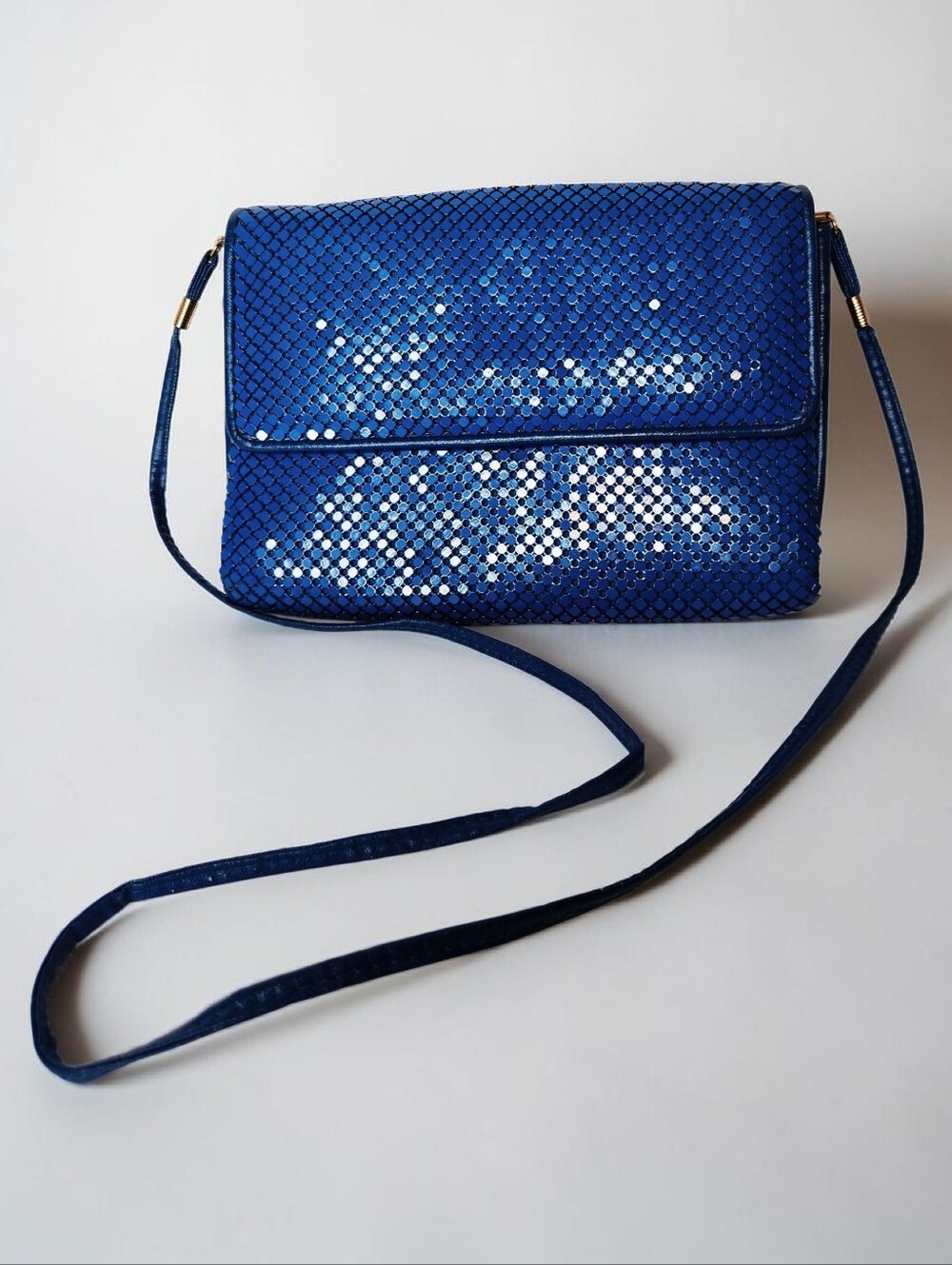 Vintage Whiting and Davis Blue Metal Mesh Fold Over Shoulder Bag or Clutch